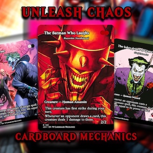 May include: Comic book trading cards with the text "UNLEASH CHAOS" and "CARDBOARD MECHANICS". The cards feature illustrations of The Joker and The Batman Who Laughs, with game text and character details.