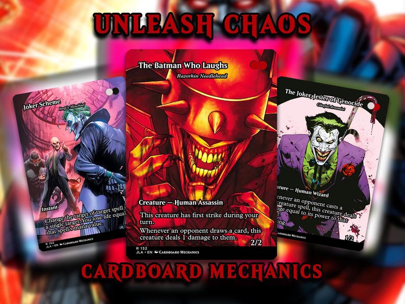May include: Comic book trading cards with the text "UNLEASH CHAOS" and "CARDBOARD MECHANICS". The cards feature illustrations of The Joker and The Batman Who Laughs, with game text and character details.