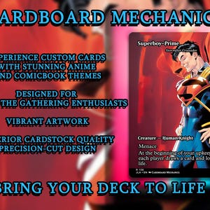 May include: A custom trading card featuring Superboy-Prime from the Stormfist Crusader series. The card has vibrant artwork and is designed for Magic: The Gathering enthusiasts. The text on the card reads "Menace" and "At the beginning of your upkeep, each player draws a card and loses 1 life."