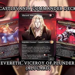 Może przedstawiać: Zestaw kart Castlevania Commander z trzema kartami kolekcjonerskimi. Karty przedstawiają postacie Alucarda, Syphy i Trevora Belmonta. Tekst "EVERETH, VICEROY OF PLUNDER (ALUCARD)" jest wyświetlany na dole. Karty mają czerwoną i czarną kolorystykę.