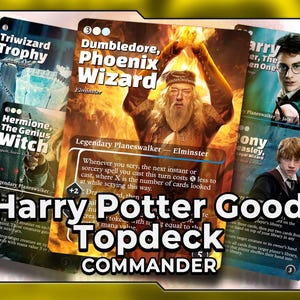 Könnte beinhalten: Eine Sammlung von Harry Potter Good Topdeck Commander Sammelkarten. Die Karten zeigen Charaktere wie Dumbledore, Hermine und Harry Potter. Die Karten sind farbenfroh, mit Text und Illustrationen.