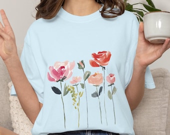 June Birth Flower Rose Shirt, Comfort Colors® Watercolor Botanical Tee, Flower Lover Birthday Gift