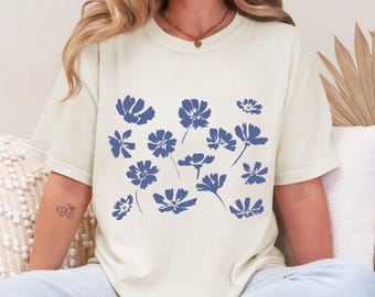 Pressed Flower Shirt, Linocut Block Print Wildflower Tee, Nature Lover Gift