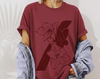 Pressed Flower Shirt, Linocut Block Print Botanical Tee, Wildflower Gift