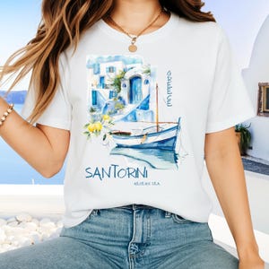 Santorini Greece T-Shirt: Watercolor Boat & Village Design