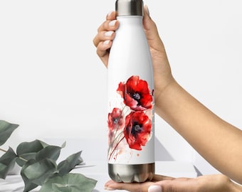 Gourde coquelicot rouge : thermos de voyage floral en acier inoxydable de 17 oz