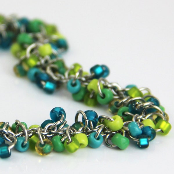 Teal Lime Cluster Bracelet - Colorful Teal Blue Turquoise Lime Kelly Green Jade Glass Beaded Silver Bracelet