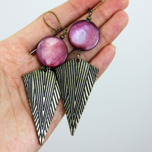 Big Burgundy Wine Tribal Boho Dangle Boucles d'oreilles - Dark Burgundy Red Shell Antique Shell Geometric Drop Boucles d'oreilles Big Long Boucles d'oreilles