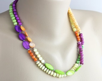 Colorful Colorblock Mother of Pearl Shell Beaded Long Necklace -Lime Green Fuchsia Purple Pink Sherbet Orange Yellow