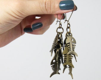 Great Catch - Fun Antique Fish Bone Skeleton Antique Brass Bronze Metal Neutral Beach Summer Vacation Ocean Long Dangle Fish Earrings