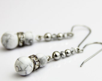 White Marble Dangle -White Stone Crystal Silver Beaded Drop Dangle Earrings - Small Simple Classic White Silver Earrings