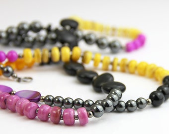 Black Yellow Purple Colorblock - Modern Metallic Grey Gunmetal Golden Yellow Fuchsia Purple Bright Shell Beaded Long Necklace