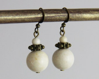 Short Ivory Drop Earrings - Neutral Beige Ivory Cream Natural Stone Antique Brass Cute Small Everyday Dangle Earrings