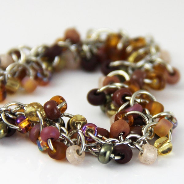 Chocolate Caramel Cluster Bracelet - Multi Color Variegated Brown Glass Beaded Silver Bracelet Anklet Sienna Beige Camel Tan