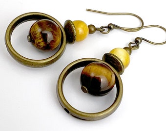 Mustard Brown Drop Earrings - Neutral Mustard Yellow Shell Chocolate Brown Tigereye Stone Antique Brass Cute Small Everyday Dangle Earrings