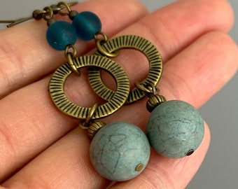 Antique Teal Stone Dangle Earrings - Light Dark Teal Blue Aqua Sea Glass Stone Antique Brass Circle Beaded Boho Earrings