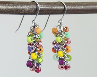 Candy Cluster Earrings - Small Beaded Dangle Earrings - Colorful Pink Magenta Lime Green Yellow Orange Cute Multi Color Rainbow