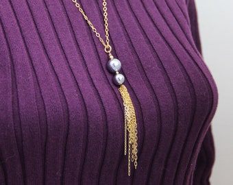 Gold Fringe Tassel Pendant Necklace - Metallic Gray Silver Hematite Stone 16kt Gold Plated Chain Fringe Tassel Pendant Gold Necklace