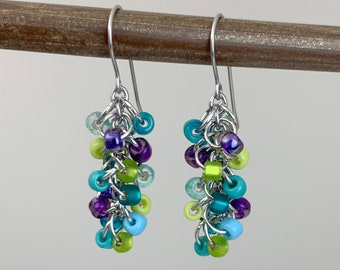 Purple Blue Teal Lime Cluster Earrings - Small Beaded Dangle Earrings Colorful Aqua Teal Purple Blue Turquoise Lime Green Cute Bright