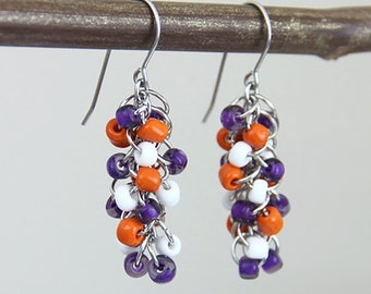 Orange Purple White Cluster Earrings - Cute Colorful Orange Purple White small Beaded Cluster Earrings