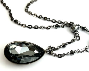 Midnight Darkness - Big Dark Grey Gray Crystal Pendant Long Gunmetal Chain Necklace Neutral Elegant Layering Necklace Perfect Gift