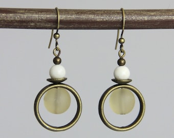 Champagne Ivory Drop Earrings - Neutral Beige Ivory Cream Natural Stone Sea Glass Antique Brass Cute Small Everyday Dangle Earrings