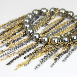 Mixed Metal Gold Fringe Beaded Silver Hematite Bracelet Multi Color Chain Fringe Gunmetal Silver 16kt Gold Plated Fringe Stretch Bracelet image 1