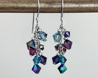 LAST ONE - Dreamy Crystals - Purple Blue Whimsical Crystal Beaded Cluster Earrings - Multi Color Blues Purples Dream Silver Dangle Earrings