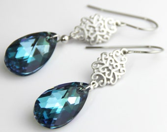 Blue Shimmer Crystal Earrings - Fancy Light Blue Swarovski Crystal Silver Filigree Earrings - Elegant Aqua Blue Denim Dangle Earrings
