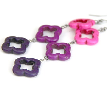 Pink Purple Ombre Earrings - Hot Pink Purple Fuchsia Violet Clover Quatrefoil Stone Purple Ombre Long Dangle Drop Gunmetal Earring - Big Mod