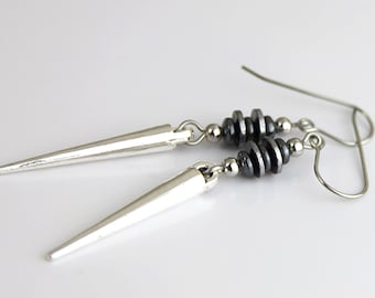 Modern Spike - Metallic Gray Gunmetal Silver Spike Dangle Drop Earrings - Short Small Cute Simple Silver Spiky Modern Metal Edgy Moto