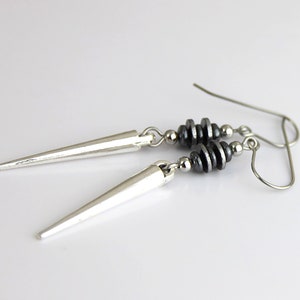 Modern Spike - Metallic Gray Gunmetal Silver Spike Dangle Drop Earrings - Short Small Cute Simple Silver Spiky Modern Metal Edgy Moto