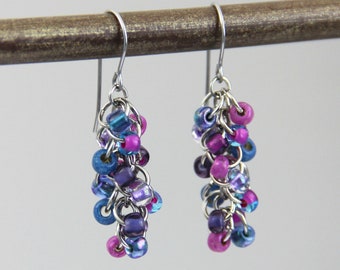 Dreamy Purple Blue Cluster Earrings - Colorful Purple Pink Periwinkle Blue Silver Small Short Cute Dangle Earrings