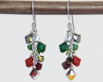 Christmas Crystals - Festive Holiday Red Green Silver Gold Swarovski Crystal Beaded Cluster Earrings - Silver Dangle Earrings