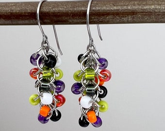 Halloween Clusters - Cute Colorful Orange Lime Green Black Purple White Beaded Earrings - Fall Trick Or Treat Cluster Earrings