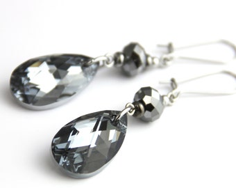 Midnight Sparkles- Metallic Gray Silver Swarovski Crystal Dangle Earrings - Metallic Neutral Dark Gray Diamond Drop Earrings