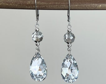 Silver Twinkles - Silver Crystal Dangle Earrings - Metallic Neutral Silver Clear Diamond Sparkle Teardrop Twinkle Drop Earrings