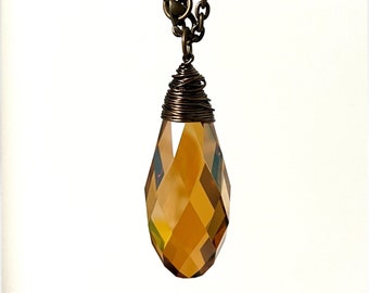 Honey Crystal Pendant - Big Large Crystal Pendant Golden Amber Honey Color Antique Brass Chain Metal Necklace