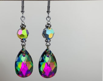 80s Sparkles - Fun Rainbow Colorful Crystal Dangle Gunmetal Earrings - Metallic Neutral Gray Diamond Drop Earrings