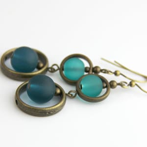 Antique Teal Drop Dangle Earrings - Light Dark Teal Blue Aqua Sea Glass Antique Brass Circle Beaded Boho Earrings