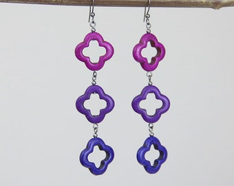 Purple Violet Ombre Earrings - Purple Fuchsia Violet Blue Clover Quatrefoil Stone Purple Ombre Long Dangle Drop Gunmetal Earring - Big Mod