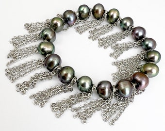 Petite Pearl Fringe Bracelet - Metallic Dark Peacock Small Pearl Stone Beaded Silver Fringe Bracelet - Multi Chain Stretch Bracelet Neutral