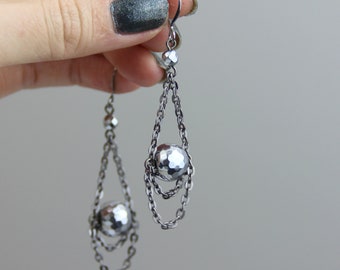 Disco Dangles - Metallic Gray Silver Ball Gunmetal Chain Dangle Earrings - Metallic Neutral Dark Gray Fun Drop Earrings
