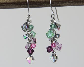 Fairytale Crystals - Whimsical Swarovski Crystal Beaded Cluster Earrings - Green Light Purple Pink Rainbow Silver Dangle Earrings