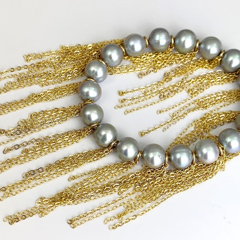 Fringe Bracelet with Silver Freshwater Pearls, Yellow Gold Fill Chain