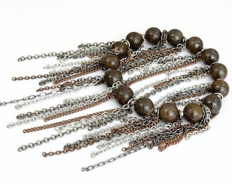 Chocolate Brown Fringe Beaded Bronzite Stone Tassel Chain Bracelet Multi Chain Brown Silver Gunmetal Copper Mixed Chain Stretch Natural