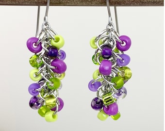 Purple Lime Green Cluster Earrings - Small Beaded Dangle Earrings Colorful Multi Shades of Purple Lime Green Cute Bright Earrings