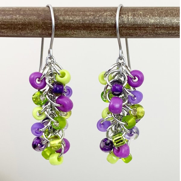 Purple Lime Green Cluster Earrings - Small Beaded Dangle Earrings Colorful Multi Shades of Purple Lime Green Cute Bright Earrings