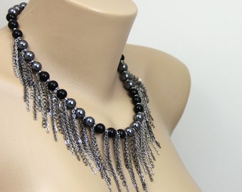 Metallic Silver Black Fringe Necklace - Multi Chain Fringe Hematite Black Beaded Gray Gunmetal Stainless Steel Chain Necklace Choker