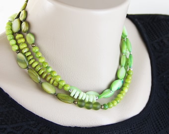 Mixed Green Colorblock Necklace Variegated Lime Green Olive Mixed Metal Silver Antique Brass Beaded Shell Glass Long Necklace